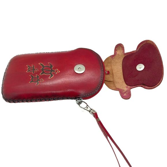 Tropical Cow And Turtle Wristlet Womens Red Leather Unique Funky Retro Strap - Picture 3 of 16